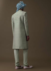 Pista Green Sherwani Set In Raw Silk With Cut Dana And Thread Embroidery