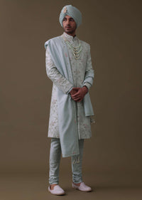 Pista Green Sherwani Set In Raw Silk With Moti, Cut Dana, And Thread Embroidery