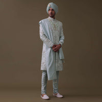 Pista Green Sherwani Set In Raw Silk With Moti, Cut Dana, And Thread Embroidery