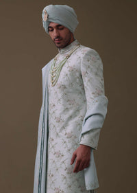 Pista Green Sherwani Set In Raw Silk With Moti, Cut Dana, And Thread Embroidery