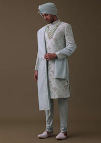 Pista Green Sherwani Set In Raw Silk With Moti, Cut Dana, And Thread Embroidery