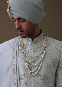 Pista Green Sherwani Set In Raw Silk With Moti, Cut Dana, And Thread Embroidery