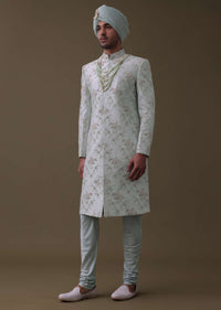 Pista Green Sherwani Set In Raw Silk With Moti, Cut Dana, And Thread Embroidery