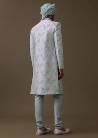 Pista Green Sherwani Set In Raw Silk With Moti, Cut Dana, And Thread Embroidery