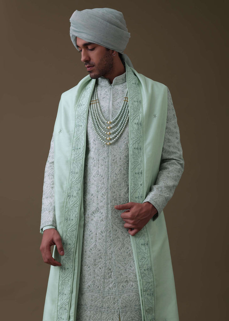 Pista Green Sherwani Set In Raw Silk With Moti And Sequins Work