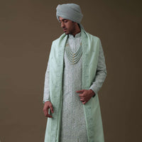 Pista Green Sherwani Set In Raw Silk With Moti And Sequins Work