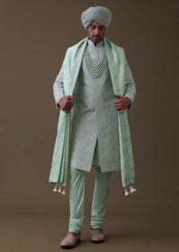 Pista Green Sherwani Set In Raw Silk With Moti And Sequins Work