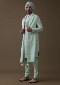 Pista Green Sherwani Set In Raw Silk With Moti And Sequins Work