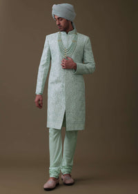 Pista Green Sherwani Set In Raw Silk With Moti And Sequins Work