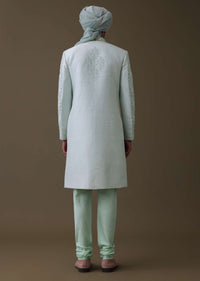 Pista Green Sherwani Set In Raw Silk With Moti And Sequins Work