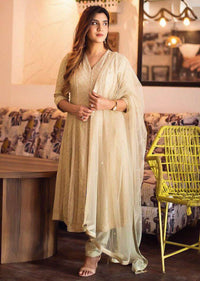 Pista Green A Line Suit In Silk With Hand Embroidered Moroccan Pattern Online - Kalki Fashion