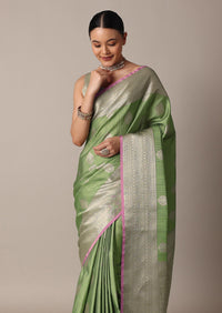 Pista Green Banarasi Tunchui Silk Saree With Woven Motifs And Unstitched Blouse Piece