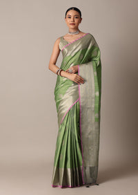 Pista Green Banarasi Tunchui Silk Saree With Woven Motifs And Unstitched Blouse Piece