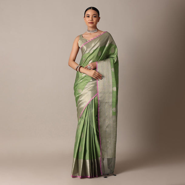 Pista Green Banarasi Tunchui Silk Saree With Woven Motifs And Unstitched Blouse Piece