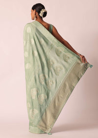 Pista Green Bandhani Saree With Zari Detail And Unstitched Blouse Piece