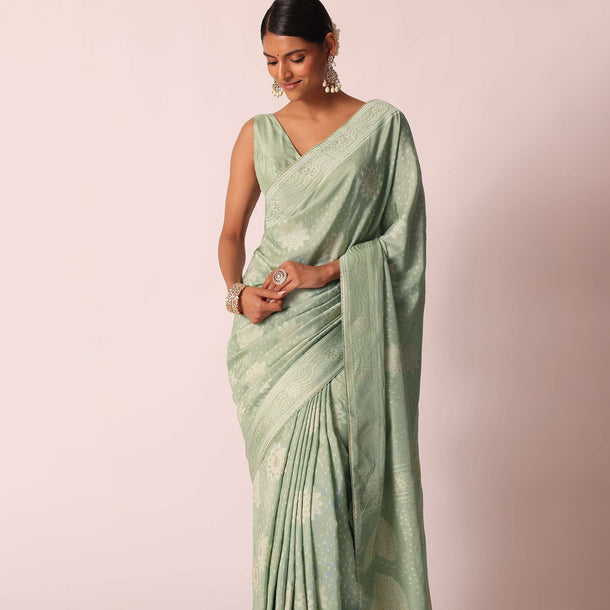 Pista Green Bandhani Saree With Zari Detail And Unstitched Blouse Piece