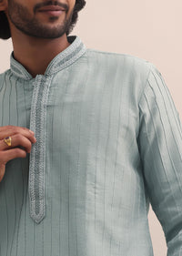 Pista Green Beads Embroidered Silk Kurta Set For Men