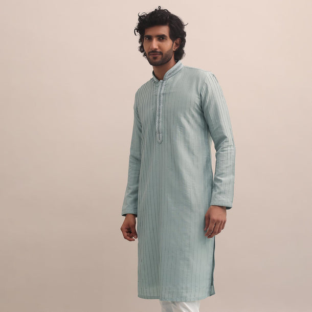 Pista Green Beads Embroidered Silk Kurta Set For Men