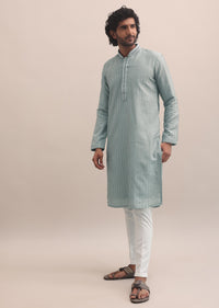 Pista Green Beads Embroidered Silk Kurta Set For Men