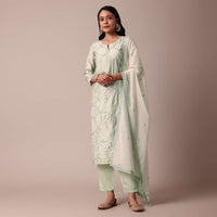 Pista Green Chanderi Pant Set With Embroidery