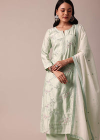 Pista Green Chanderi Pant Set With Embroidery