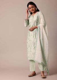 Pista Green Chanderi Pant Set With Embroidery