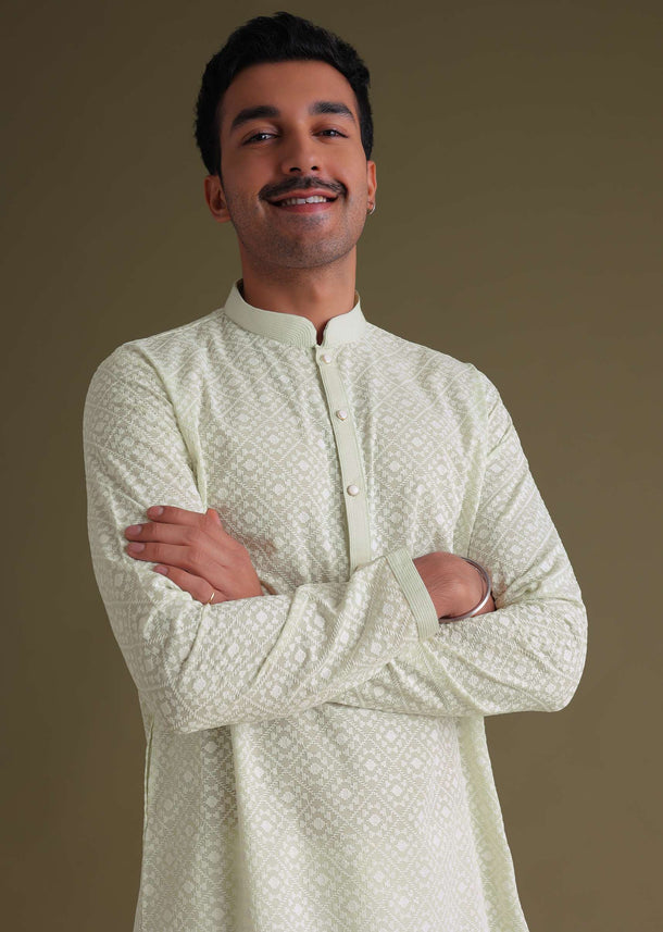 Pista Green Chikankari Festive Kurta Set In Lucknowi