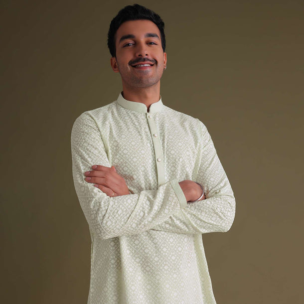 Pista Green Chikankari Festive Kurta Set In Lucknowi