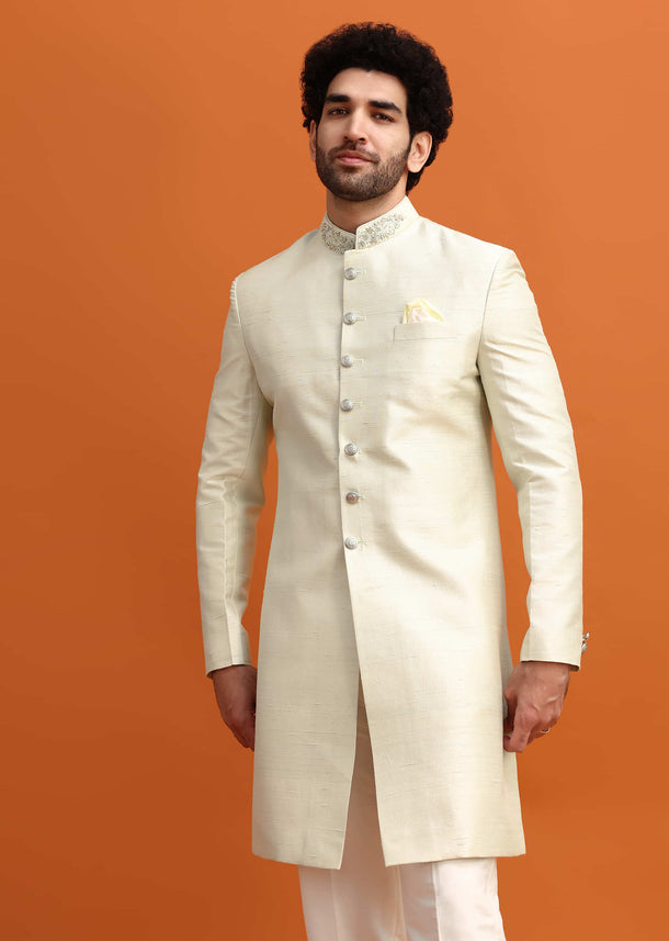 Pista Green Cut Work Embroidered Sherwani For Men