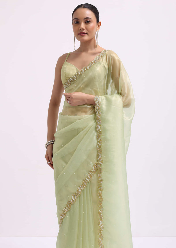 Pista Green Cutdana Embroidered Tissue Saree With Unstitched Blouse