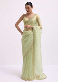 Pista Green Cutdana Embroidered Tissue Saree With Unstitched Blouse