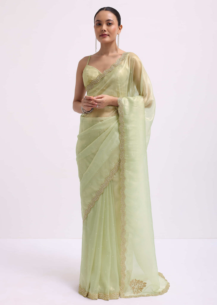 Pista Green Cutdana Embroidered Tissue Saree With Unstitched Blouse