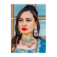 Pista Green Earrings In Geometric And Crescent Motif With Multi Color Dangling Beads