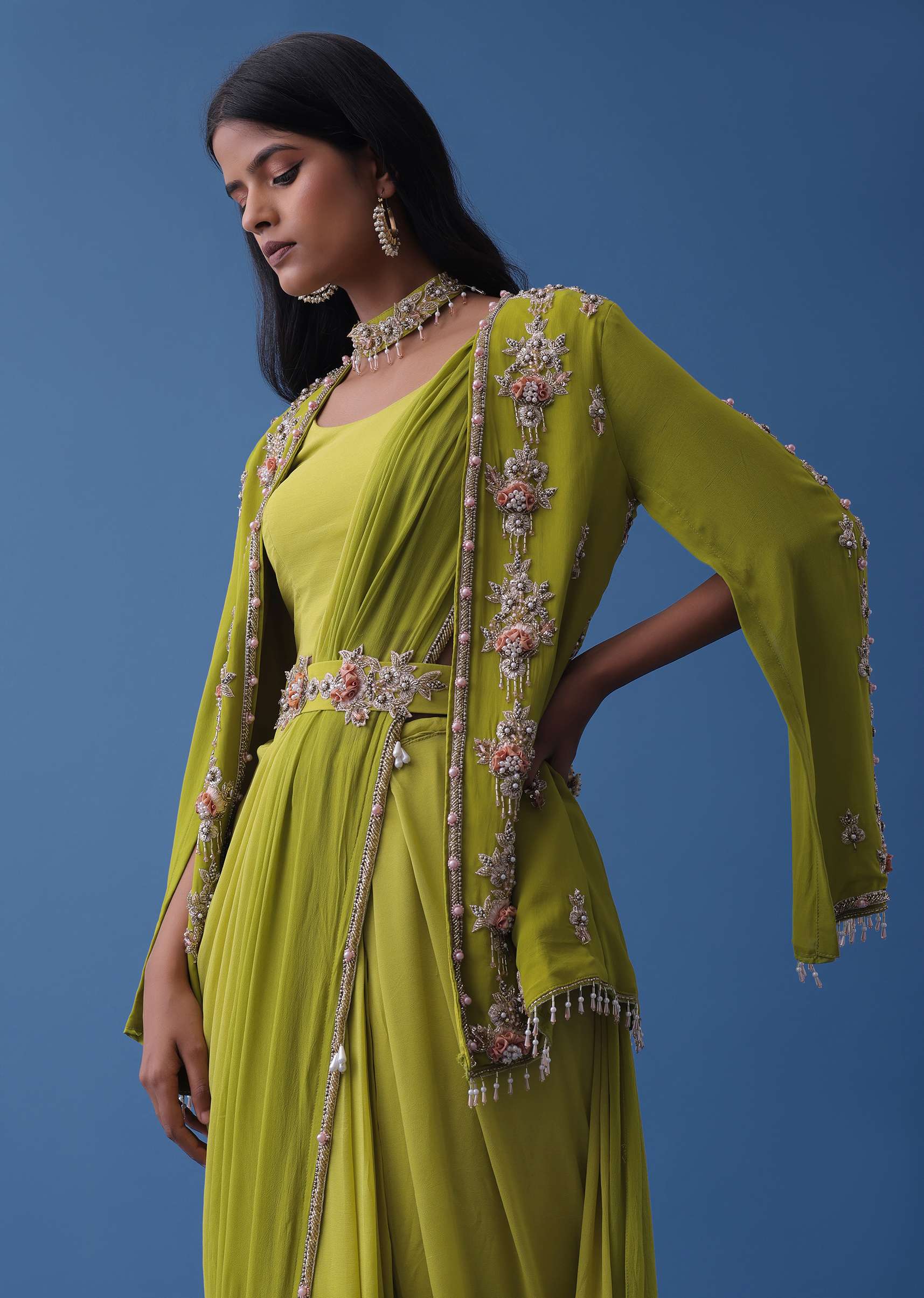 Pista Green Embroidered Indowestern Set With Cape Jacket In Georgette