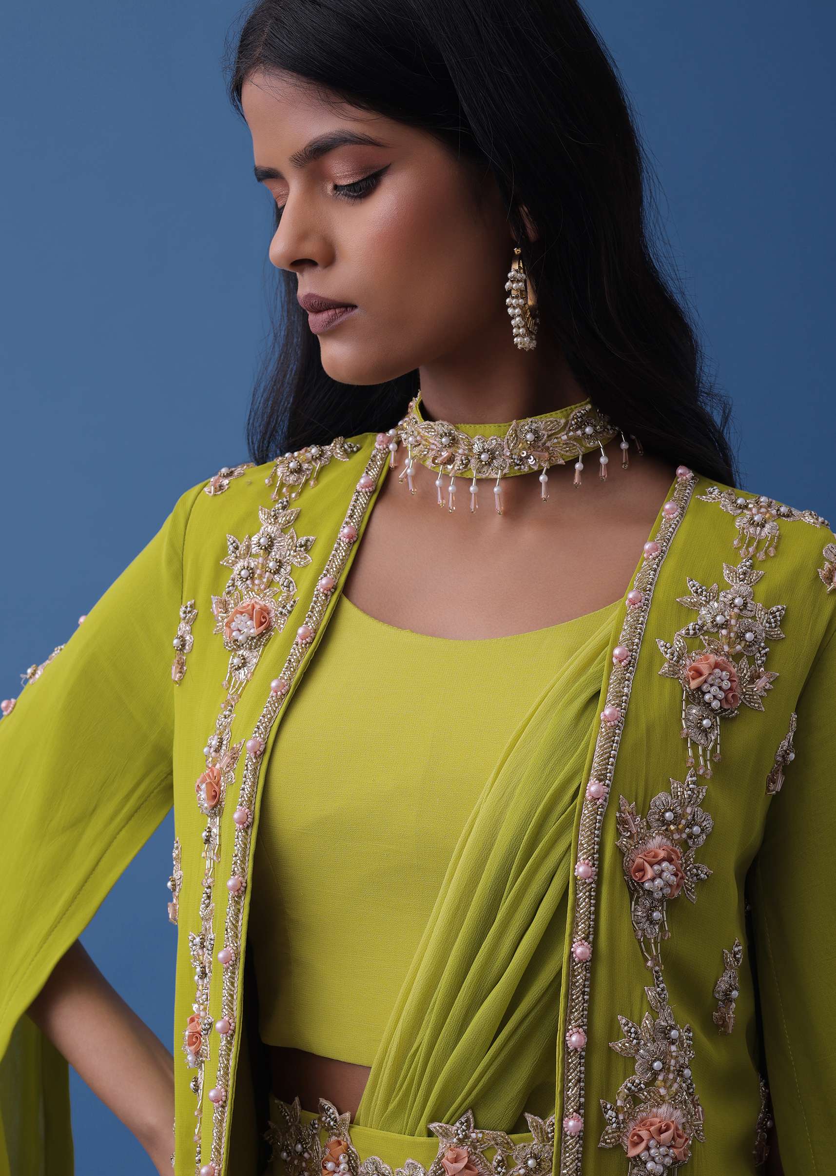 Pista Green Embroidered Indowestern Set With Cape Jacket In Georgette