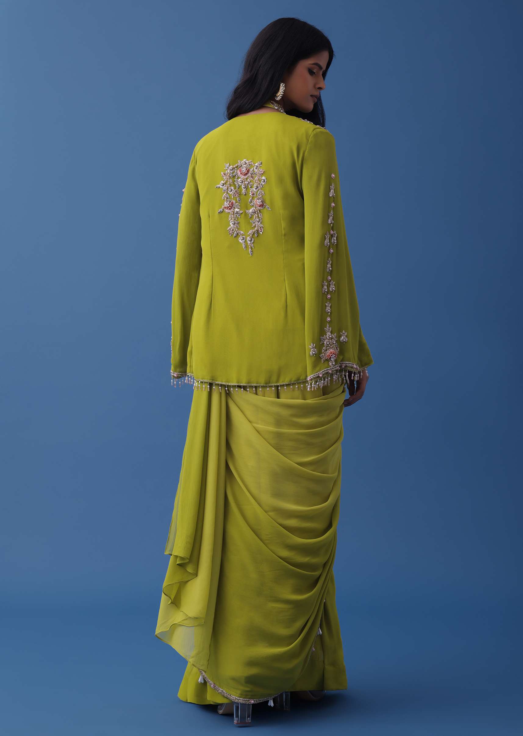 Pista Green Embroidered Indowestern Set With Cape Jacket In Georgette