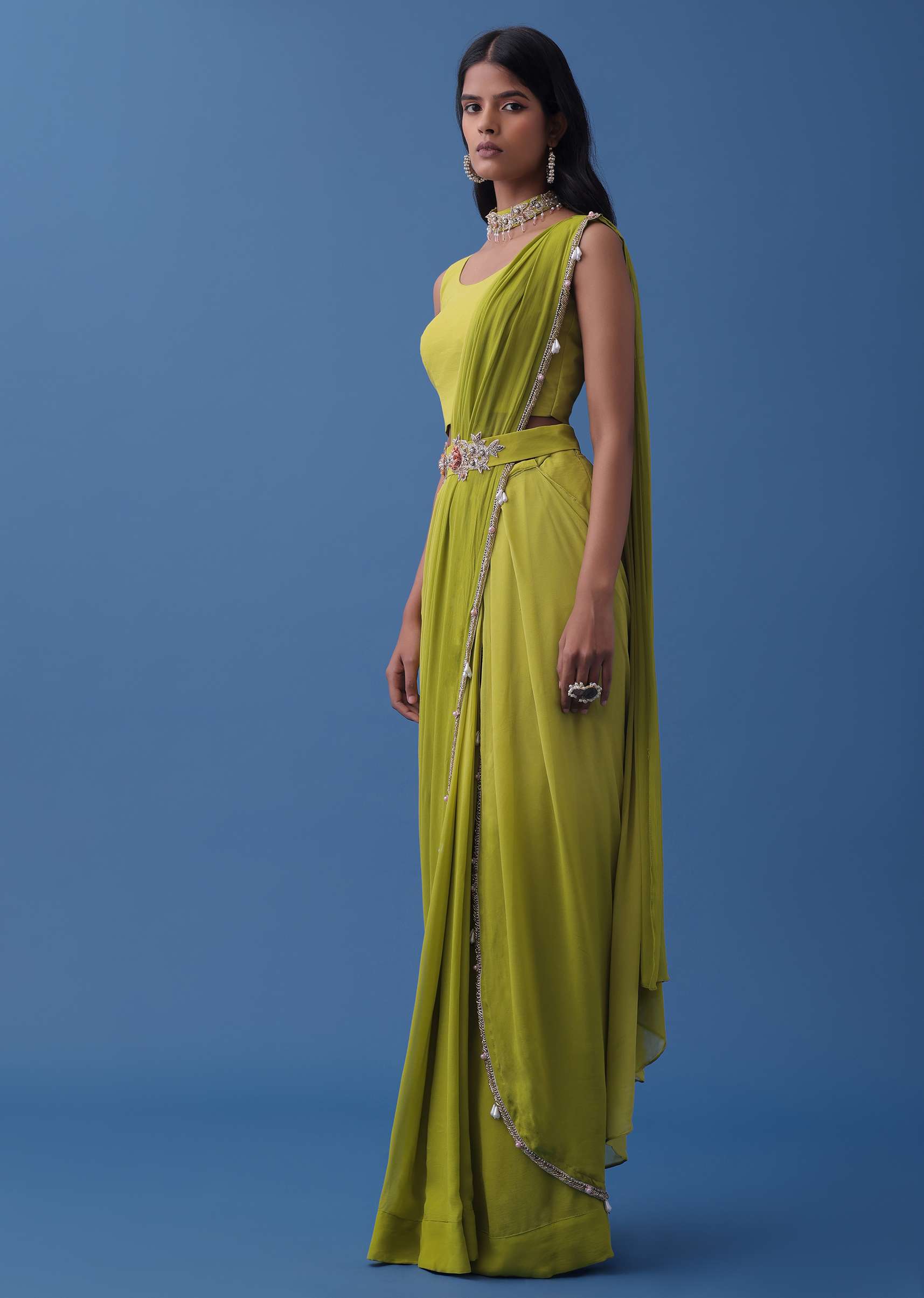 Pista Green Embroidered Indowestern Set With Cape Jacket In Georgette