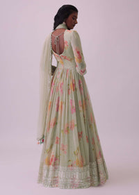 Pista Green Embroidered Anarkali Set In Georgette With Floral Print