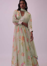 Pista Green Embroidered Anarkali Set In Georgette With Floral Print