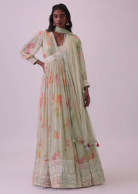 Pista Green Embroidered Anarkali Set In Georgette With Floral Print