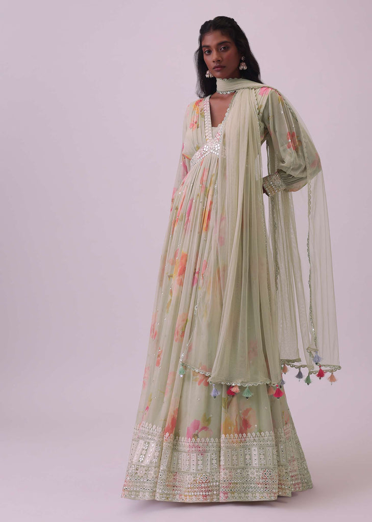 Pista Green Embroidered Anarkali Set In Georgette With Floral Print