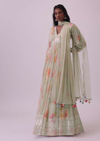 Pista Green Embroidered Anarkali Set In Georgette With Floral Print