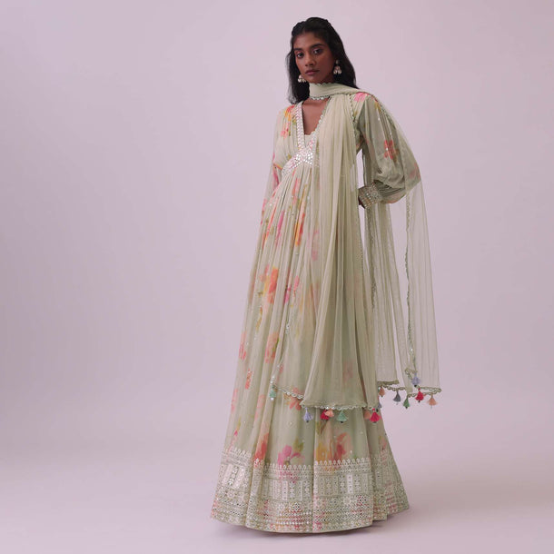 Pista Green Embroidered Anarkali Set In Georgette With Floral Print