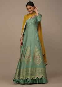 Pista Green Embroidered Anarkali Suit In Silk With Brocade Woven Floral Buttis