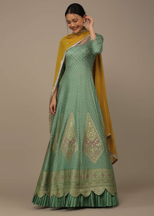 Pista Green Embroidered Anarkali Suit In Silk With Brocade Woven Floral Buttis