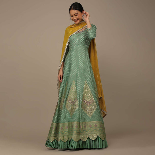 Pista Green Embroidered Anarkali Suit In Silk With Brocade Woven Floral Buttis