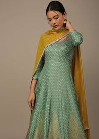 Pista Green Embroidered Anarkali Suit In Silk With Brocade Woven Floral Buttis