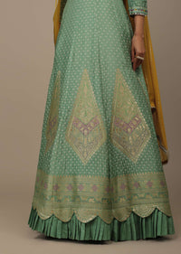 Pista Green Embroidered Anarkali Suit In Silk With Brocade Woven Floral Buttis