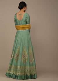 Pista Green Embroidered Anarkali Suit In Silk With Brocade Woven Floral Buttis