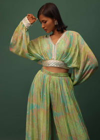 Pista Green Embroidered Crop Top And Palazzo Set In Chinon
